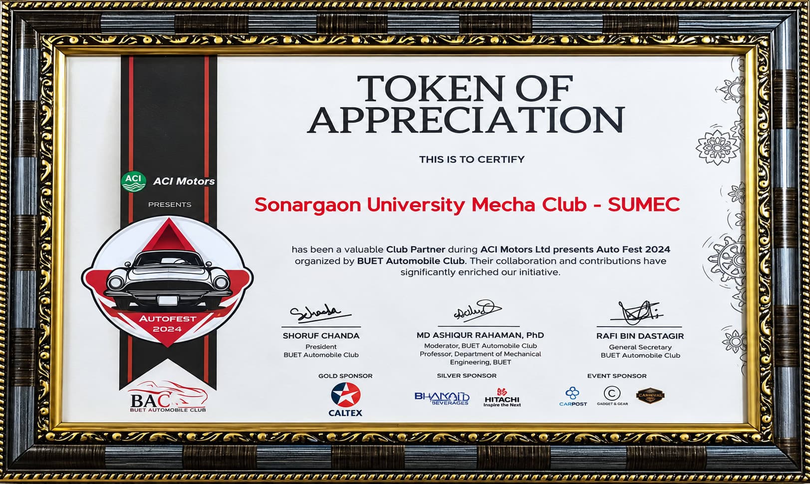 MECHACLUB OF THE DEPT. OF ME ACHIEVED TOKEN OF APPRECIATION